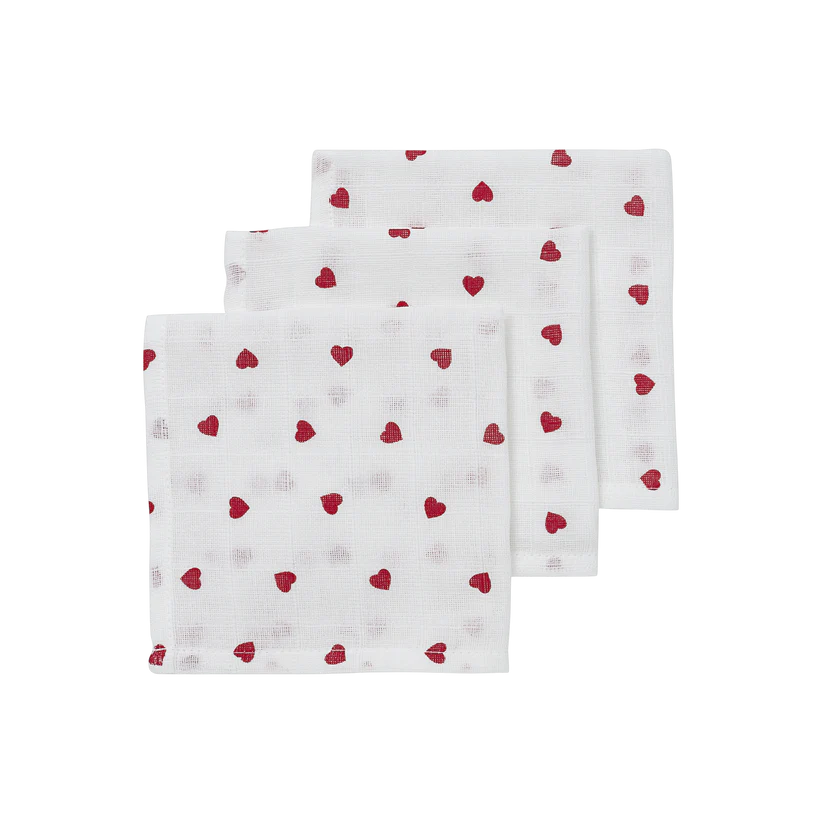 Meyco Hydrofiele doeken Sweet Heart White/Red 30x30cm - 3-Pack