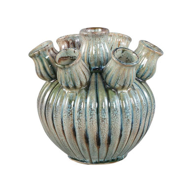 PTMD - Nolou Turquoise ceramic tulip vase ribbed round XS