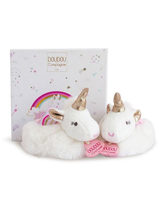 Doudou Geboortegeschenkdoos Eenhoorn babyslofjes met rammelaar - 0/6 maanden